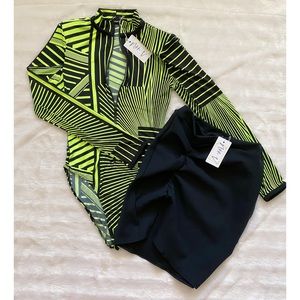 Neon green geometric print body suit